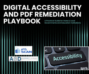 Dark image with green stripes, archSCAN logo, and AOD logo, and a keyboard button with Accessibility written on it.